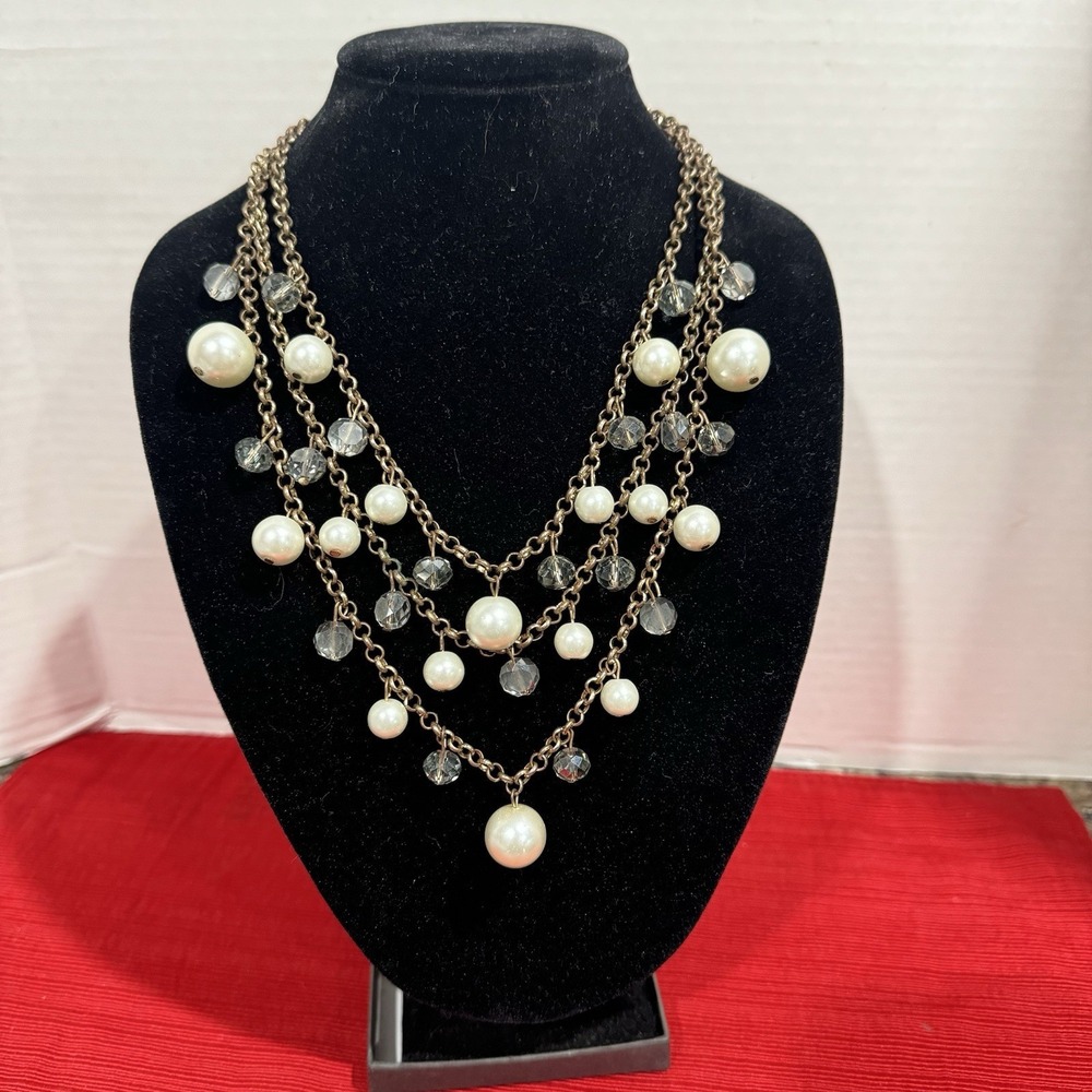 Vintage Gold Tone 3 Strand Faux Pearl & Smokey Glass Beaded Chain Necklace